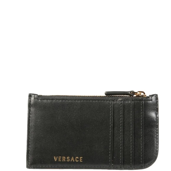 Versace unisex zip up keychain Virtus logo leather card holder wallet NWB - Picture 2 of 8